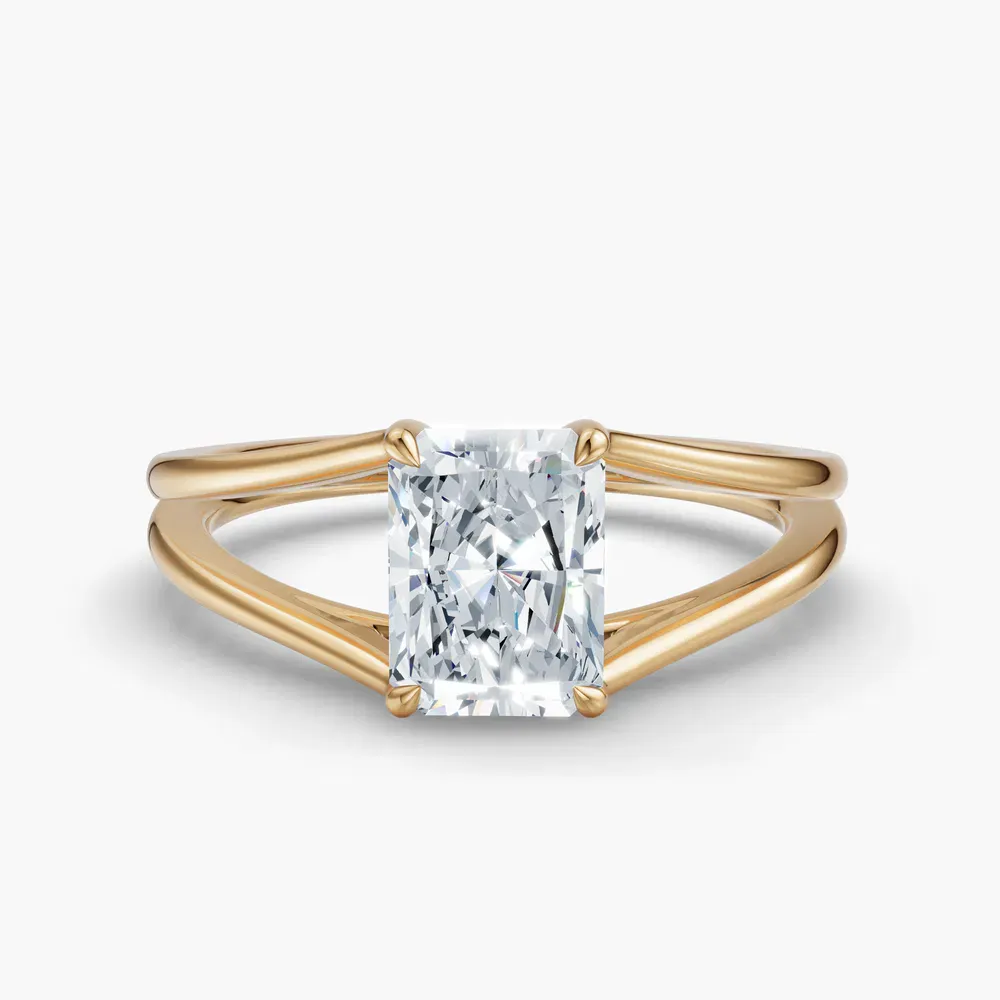 Certified 1 carat Lab Grown Diamond Radiant Cut Split Shank, Solitaire, Low profile Engagement Ring in 14K Yellow Gold-Wraith