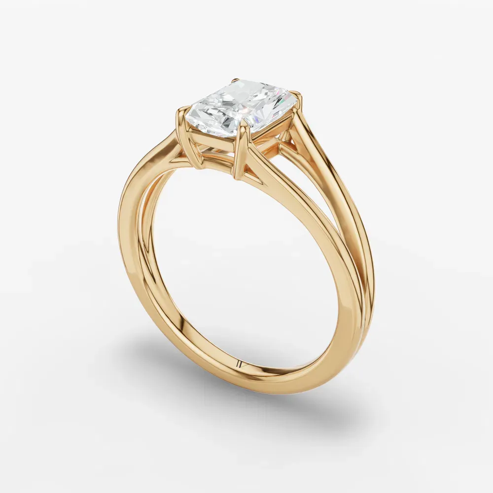 Certified 1 carat Lab Grown Diamond Radiant Cut Split Shank, Solitaire, Low profile Engagement Ring in 14K Yellow Gold-Wraith