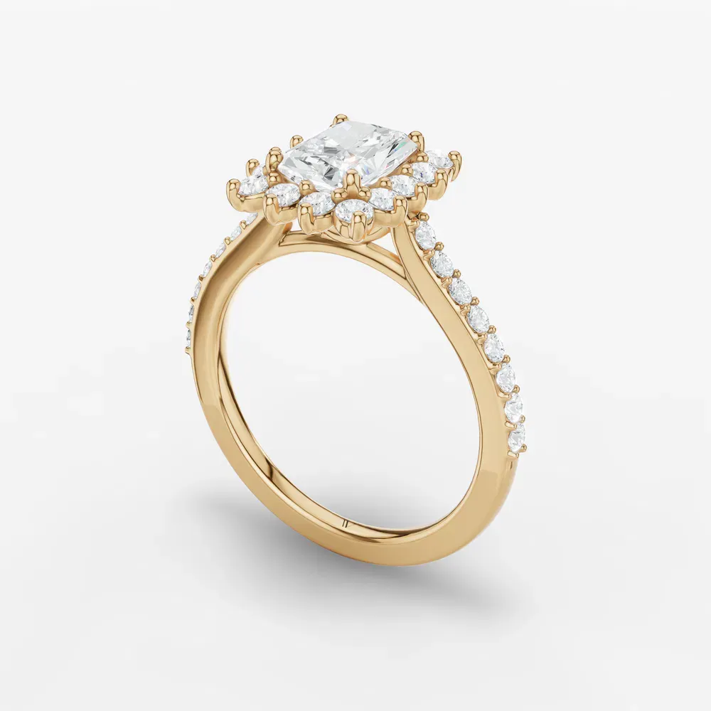 Certified 1 carat Lab Grown Diamond Radiant Cut Pavé, Halo, Floral Engagement Ring in 14K Yellow Gold-Elite Juniper