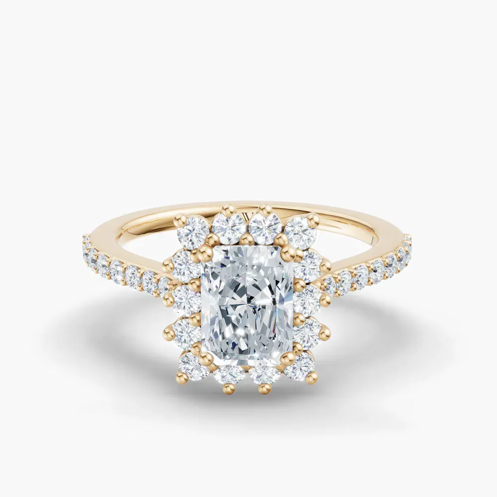 Certified 1 carat Lab Grown Diamond Radiant Cut Pavé, Halo, Floral Engagement Ring in 14K Yellow Gold-Elite Juniper