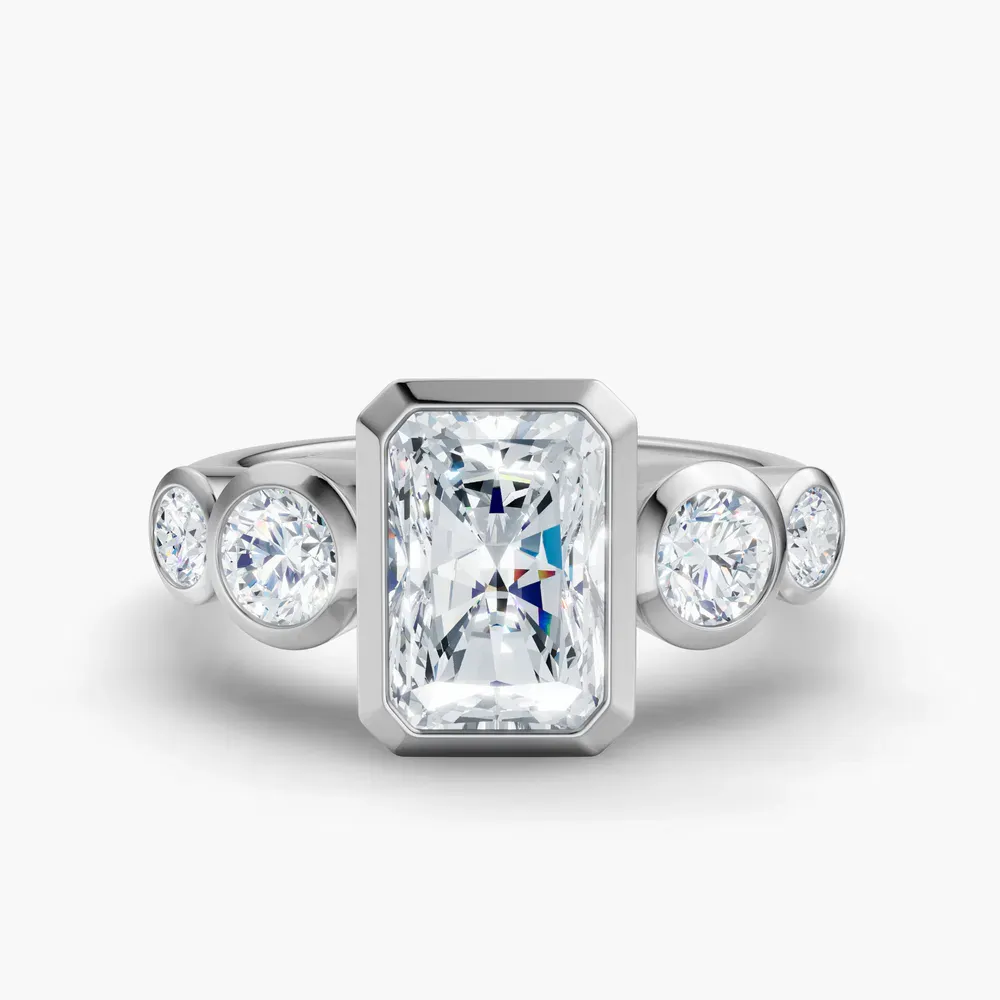 Certified 1 carat Lab Grown Diamond Radiant Cut Five Stone, Milgrain, Bezel Engagement Ring in 14K White Gold-Sole