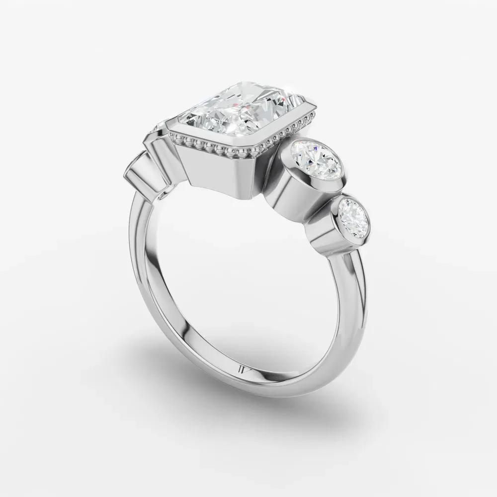 Certified 1 carat Lab Grown Diamond Radiant Cut Five Stone, Milgrain, Bezel Engagement Ring in 14K White Gold-Sole