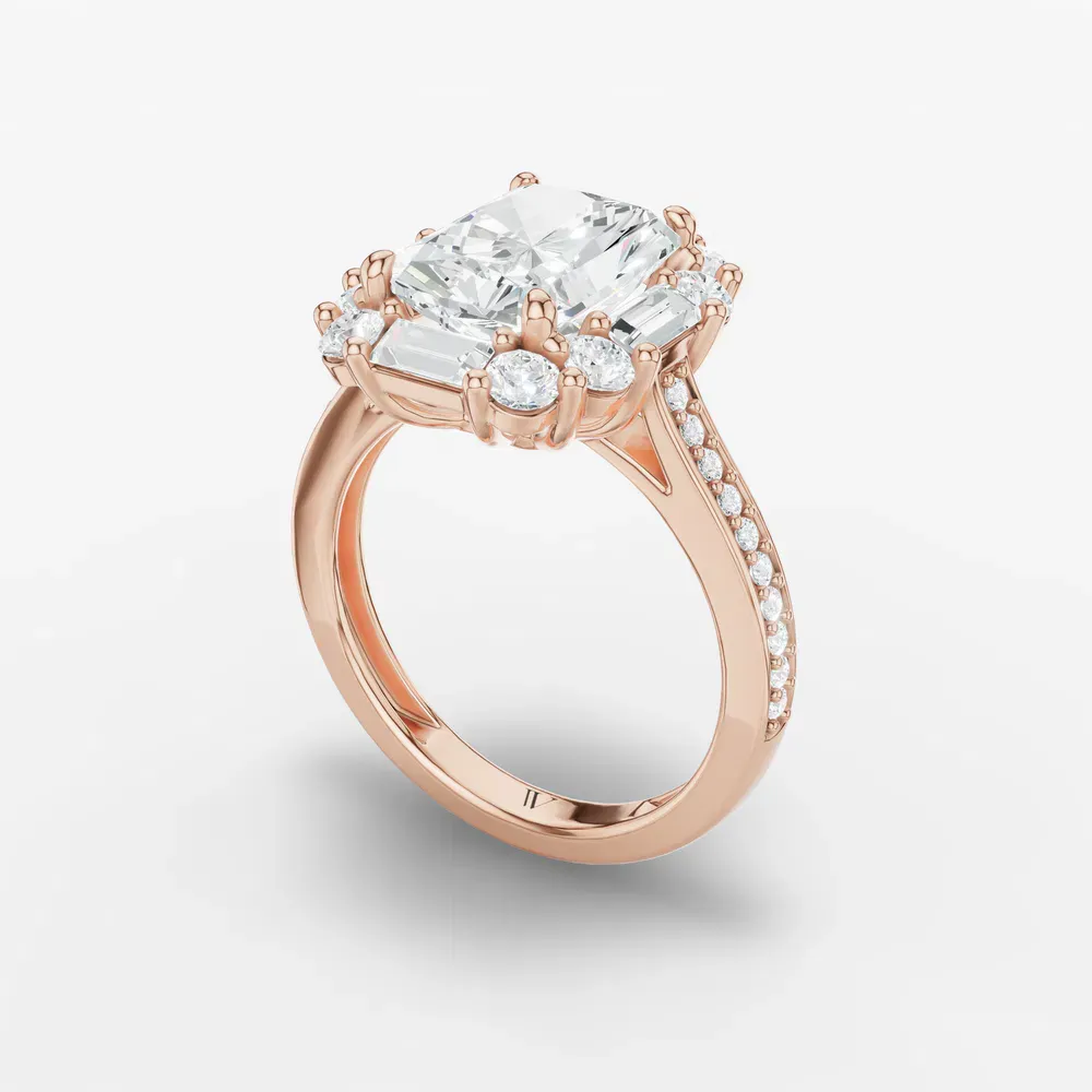 Certified 2 carat Lab Grown Diamond Radiant Cut Halo, Art Deco, Cathedral Engagement Ring in 14K Rose Gold-Crysle