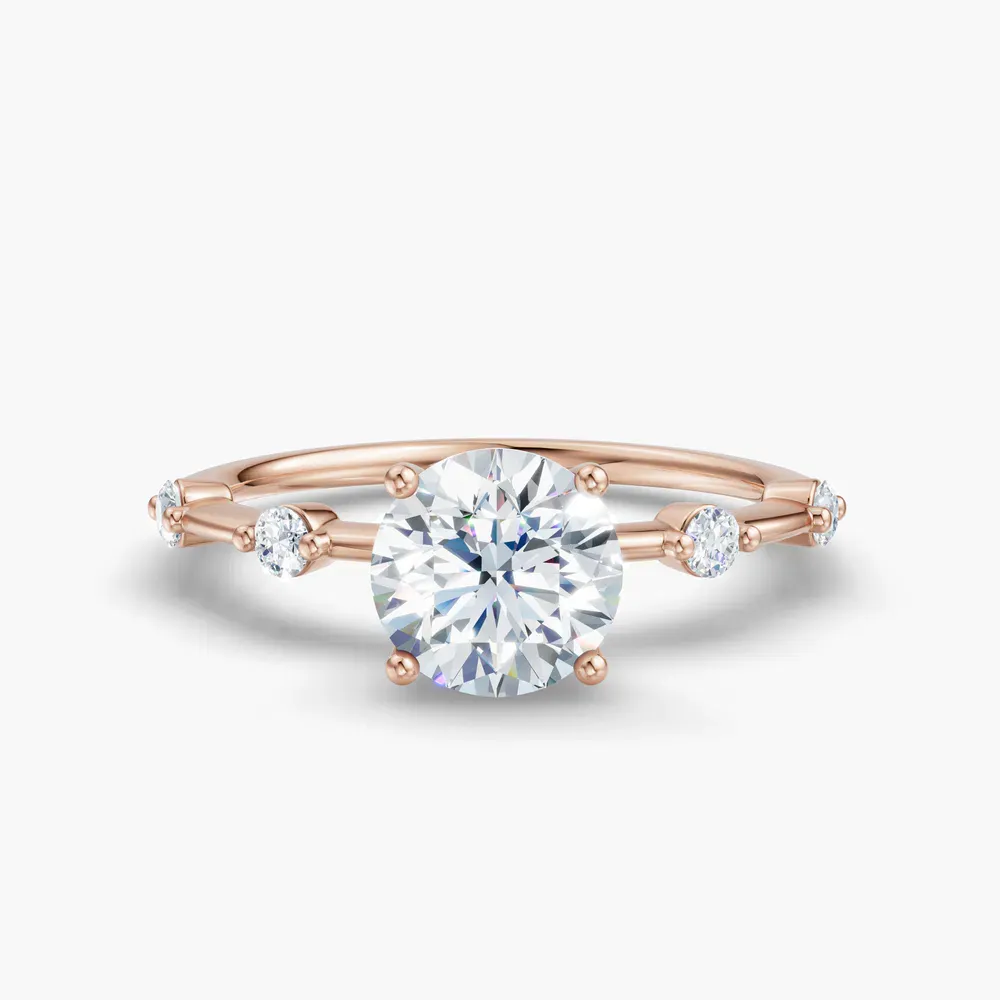 Certified 1 carat Lab Grown Diamond Round Cut Four Prong, Low profile, Side Stone Engagement Ring in 14K Rose Gold-Hriw