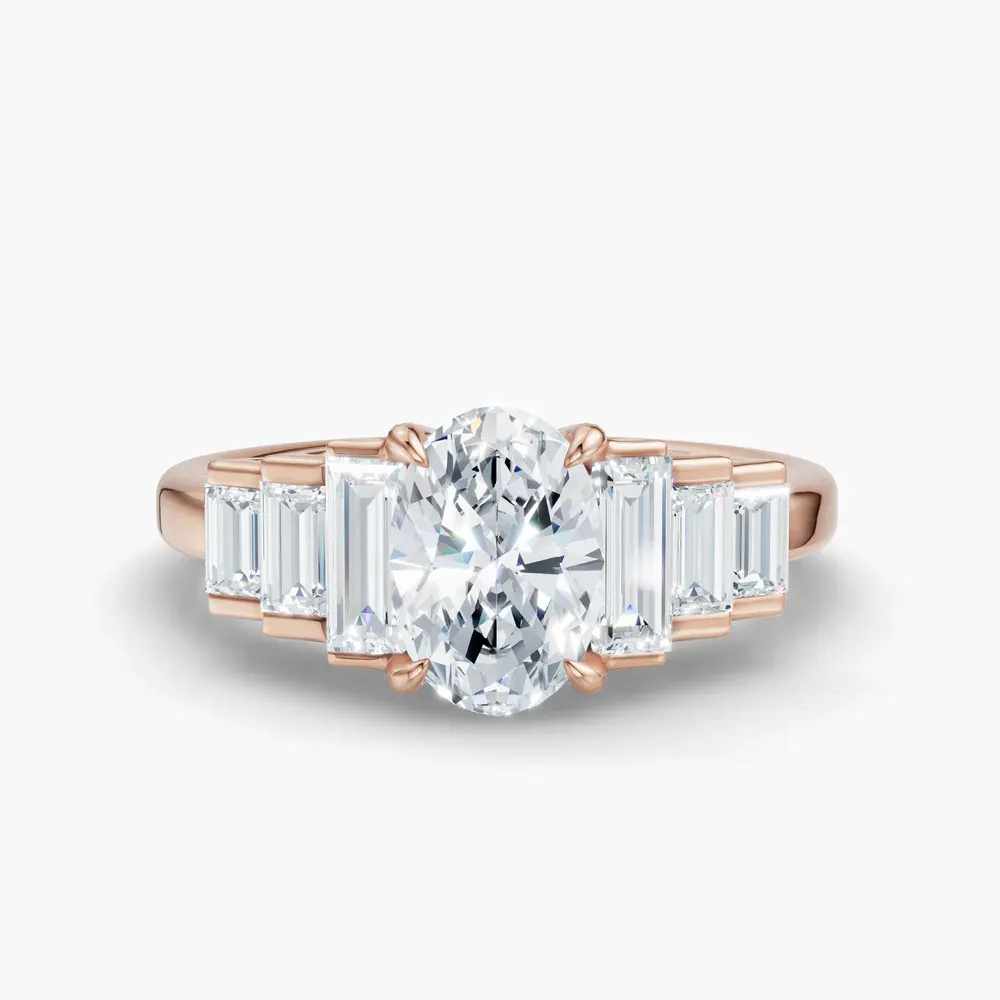 Certified 1 carat Lab Grown Diamond Oval Cut Baguette, Art Deco, Side Stone Engagement Ring in 14K Rose Gold-Zepy