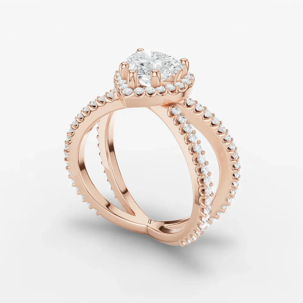Certified 1 carat Lab Grown Diamond Heart Cut Pavé, Halo, Split Shank Engagement Ring in 18K Rose Gold-Xylius