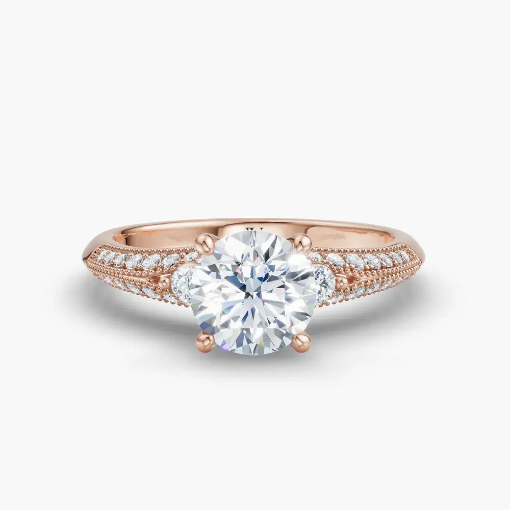 Certified 1 carat Lab Grown Diamond Round Cut Milgrain, Three Stone, Pavé Engagement Ring in 18K Rose Gold-Avery