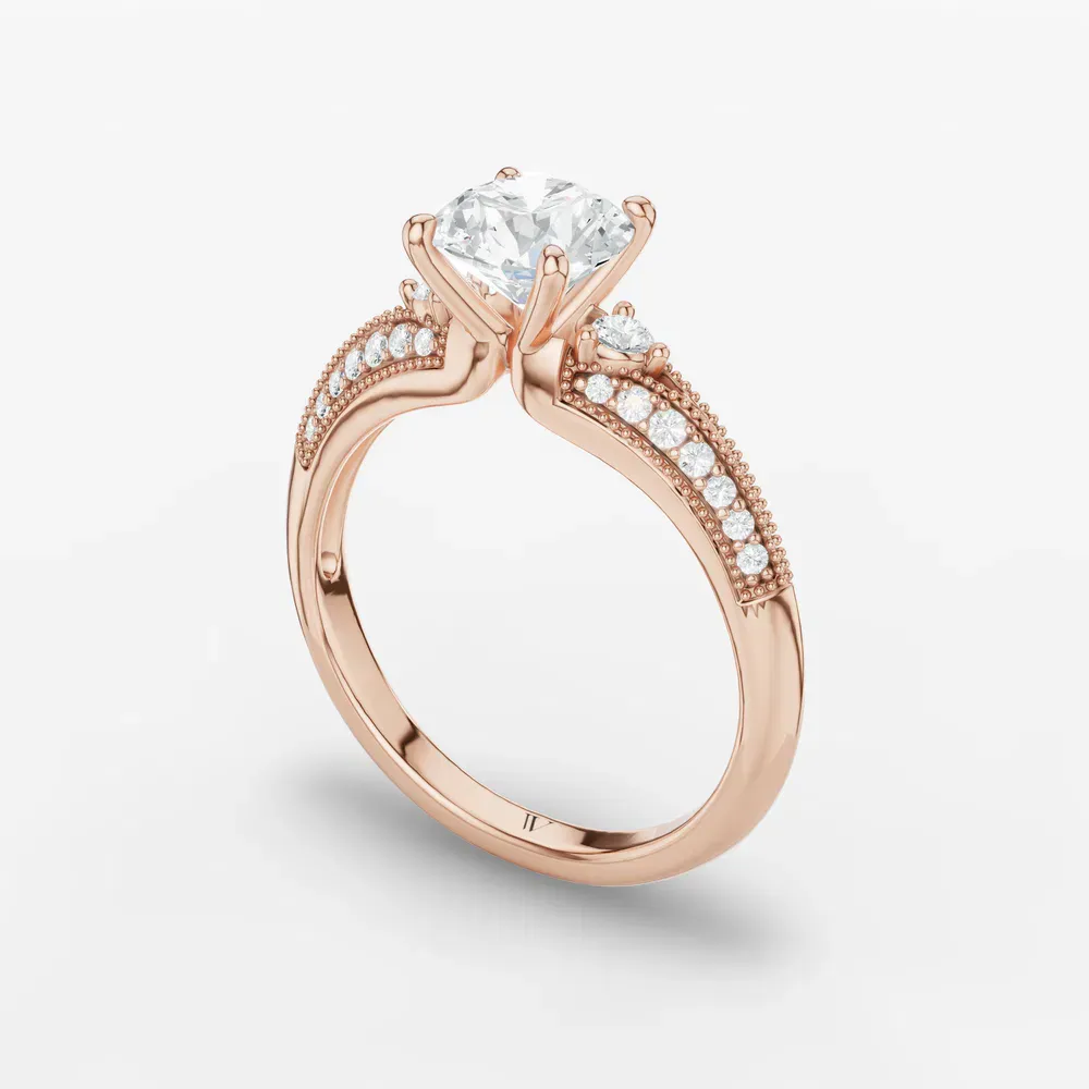 Certified 1 carat Lab Grown Diamond Round Cut Milgrain, Three Stone, Pavé Engagement Ring in 18K Rose Gold-Avery