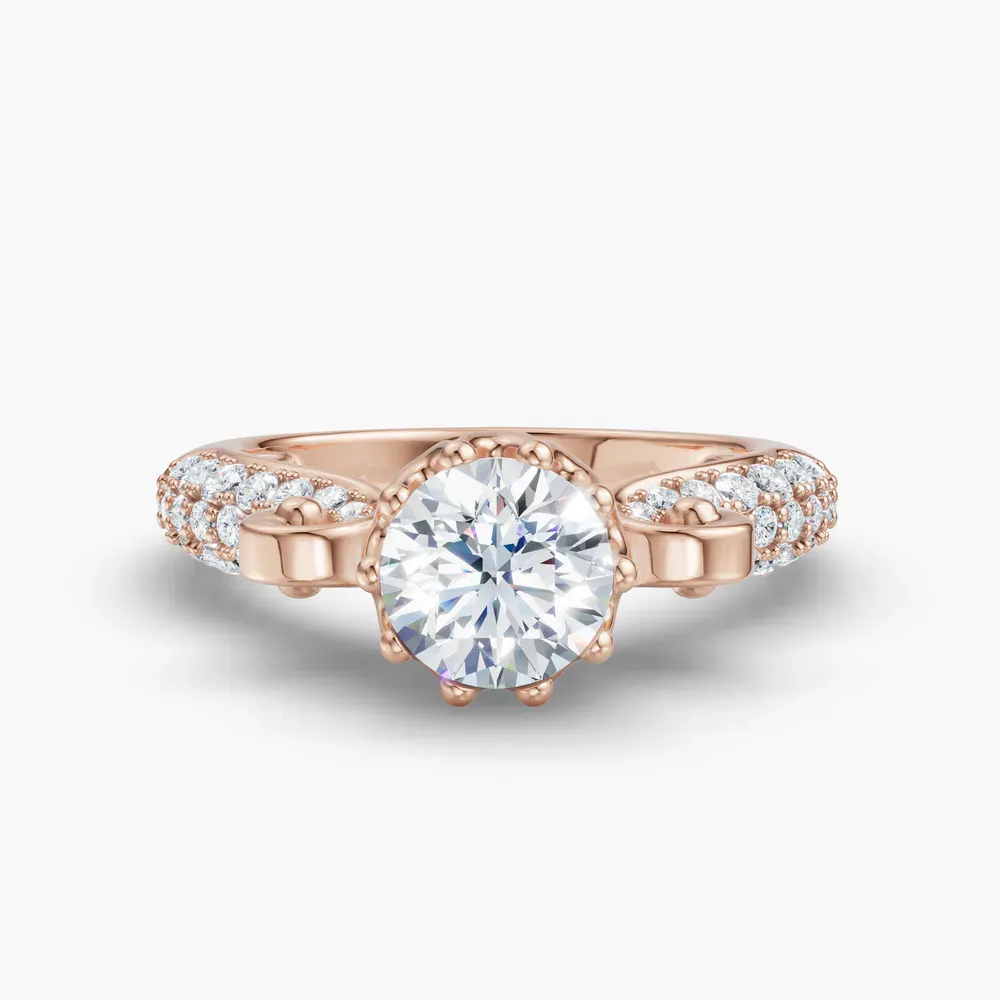 Certified 1 carat Lab Grown Diamond Round Cut Vintage, Unique, Pavé Engagement Ring in 18K Rose Gold-Mystic