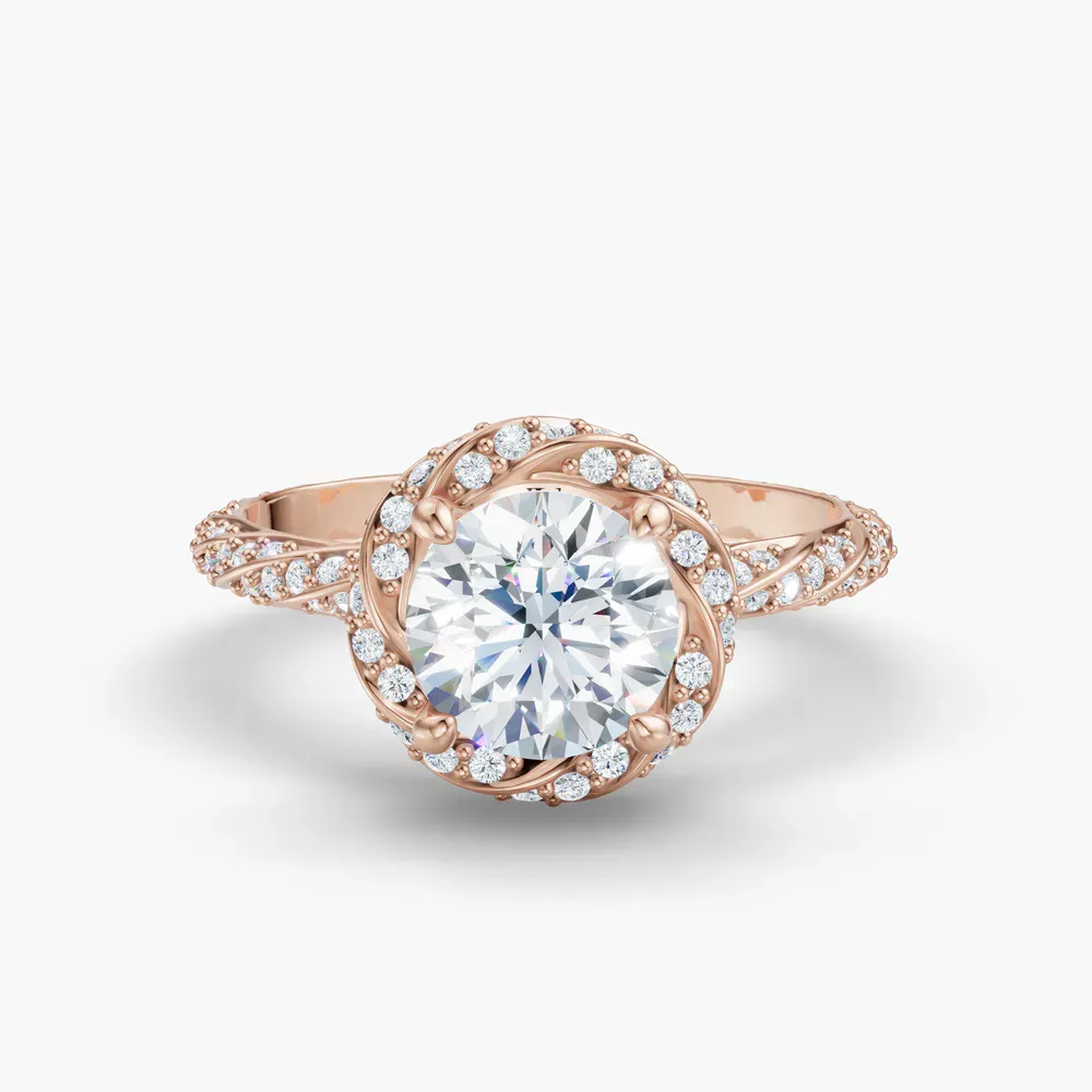 Certified 1 carat Lab Grown Diamond Round Cut Halo, Floral, Twist Engagement Ring in 14K Rose Gold-Moxl
