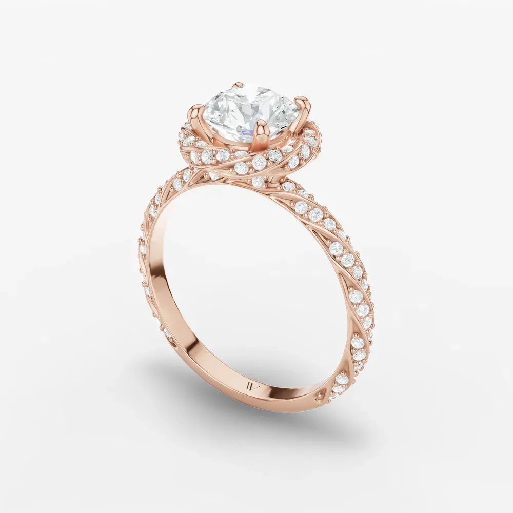 Certified 1 carat Lab Grown Diamond Round Cut Halo, Floral, Twist Engagement Ring in 14K Rose Gold-Moxl