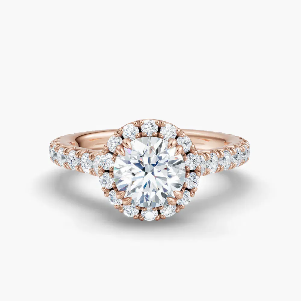 Certified 1 carat Lab Grown Diamond Round Cut Cathedral, Pavé, Halo Engagement Ring in 14K Rose Gold-Zaria