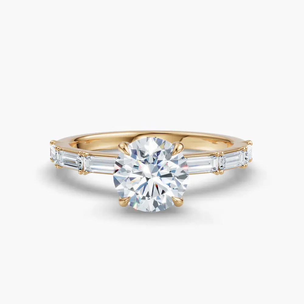Certified 1 carat Lab Grown Diamond Round Cut Baguette, Four Prong, Side Stone Engagement Ring in 14K Yellow Gold-Lunark