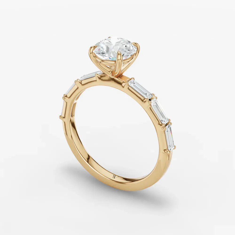 Certified 1 carat Lab Grown Diamond Round Cut Baguette, Four Prong, Side Stone Engagement Ring in 14K Yellow Gold-Lunark