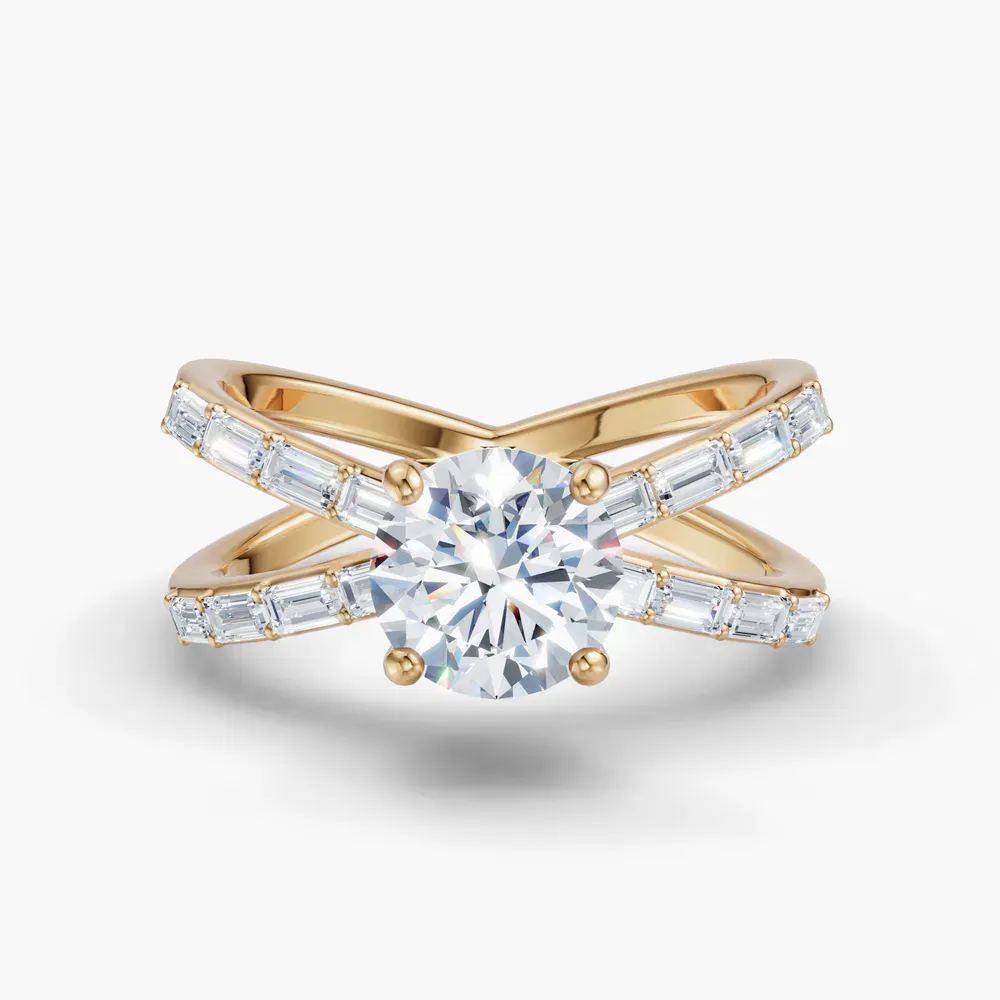 Certified 1 carat Lab Grown Diamond Round Cut Baguette, Unique, Split Shank Engagement Ring in 14K Yellow Gold-Luminara
