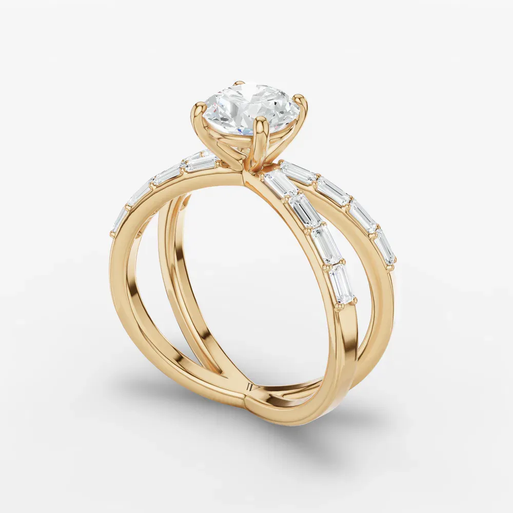 Certified 1 carat Lab Grown Diamond Round Cut Baguette, Unique, Split Shank Engagement Ring in 14K Yellow Gold-Luminara