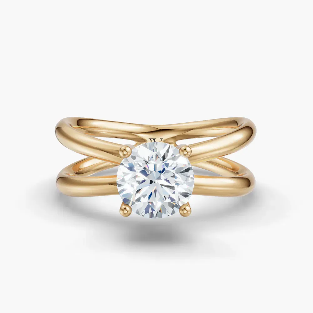 Certified 1 carat Lab Grown Diamond Round Cut Solitaire, Split Shank, Hidden Halo Engagement Ring in 14K Yellow Gold-Ryn