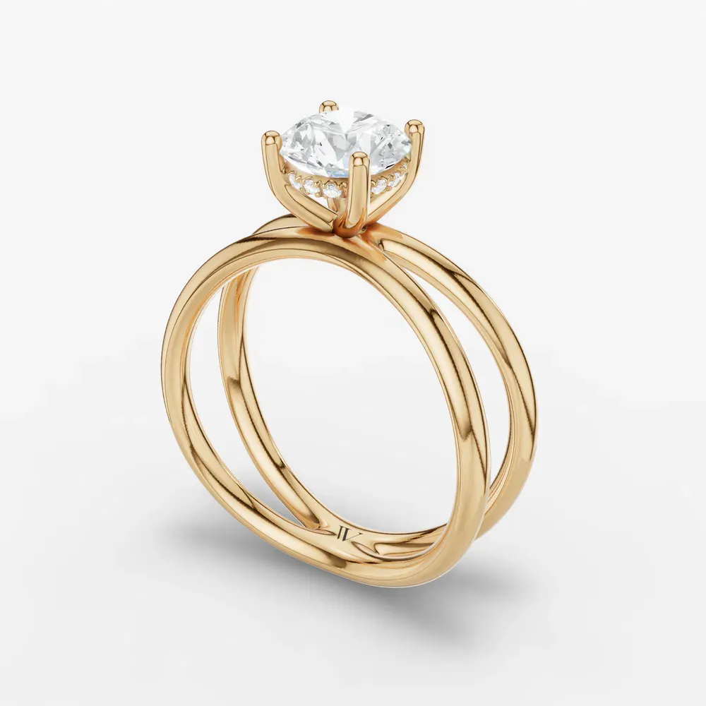 Certified 1 carat Lab Grown Diamond Round Cut Solitaire, Split Shank, Hidden Halo Engagement Ring in 14K Yellow Gold-Ryn
