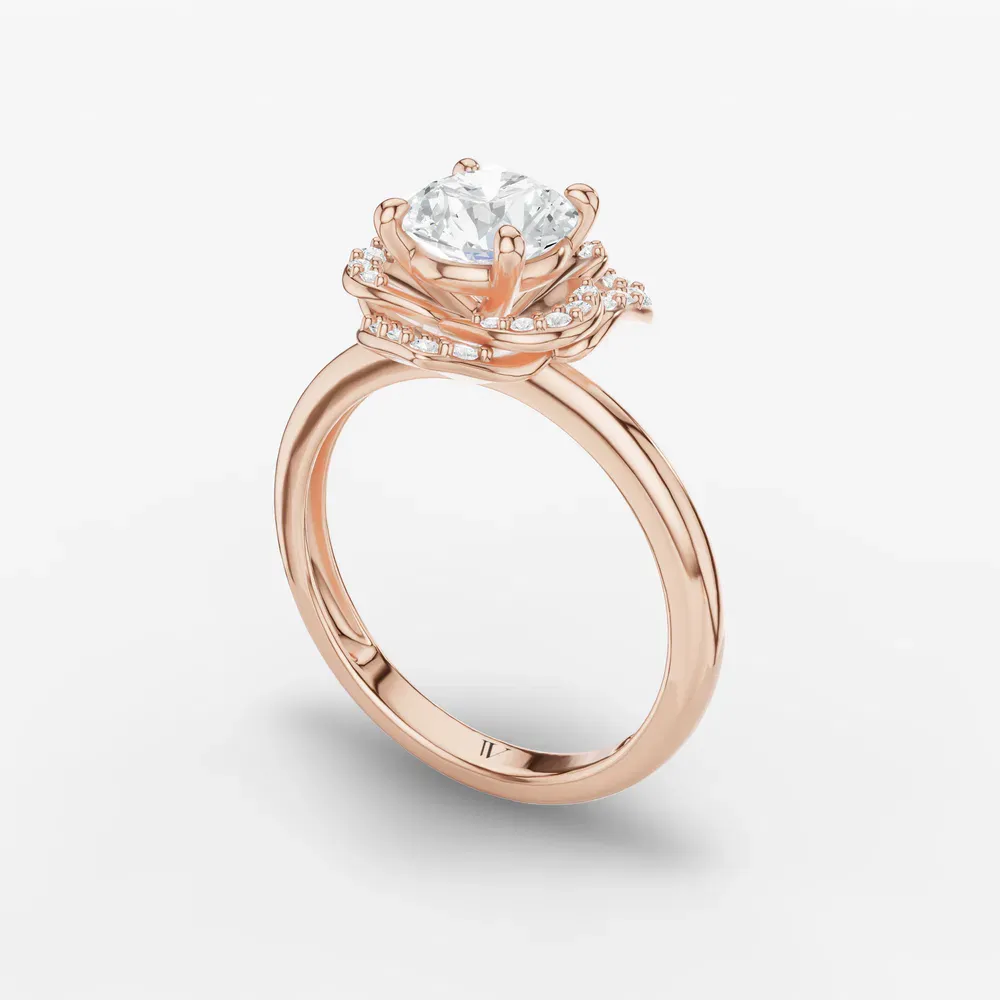 Certified 1 carat Lab Grown Diamond Round Cut Floral, Halo, Four Prong Engagement Ring in 14K Rose Gold-Brook