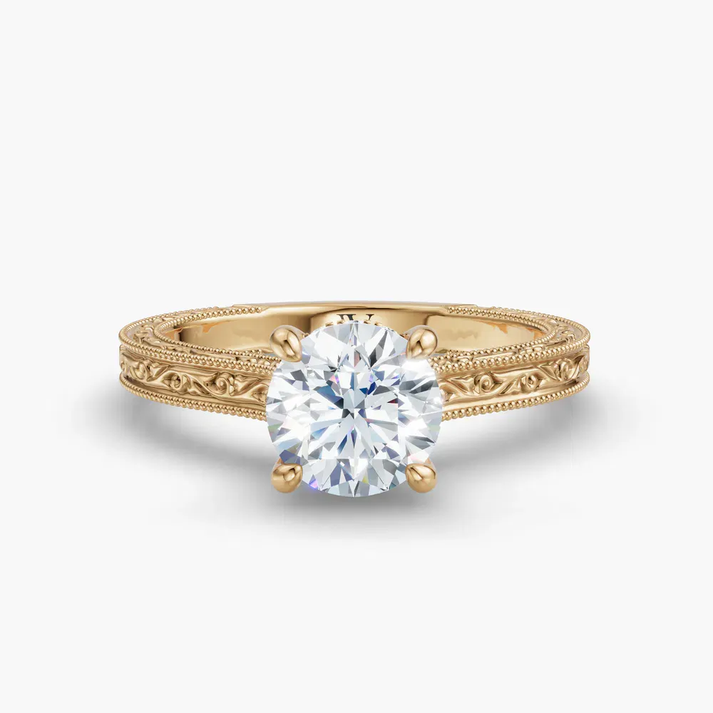 Certified 1 carat Lab Grown Diamond Round Cut Hidden Halo, Cathedral, Vintage Engagement Ring in 14K Yellow Gold-Echo