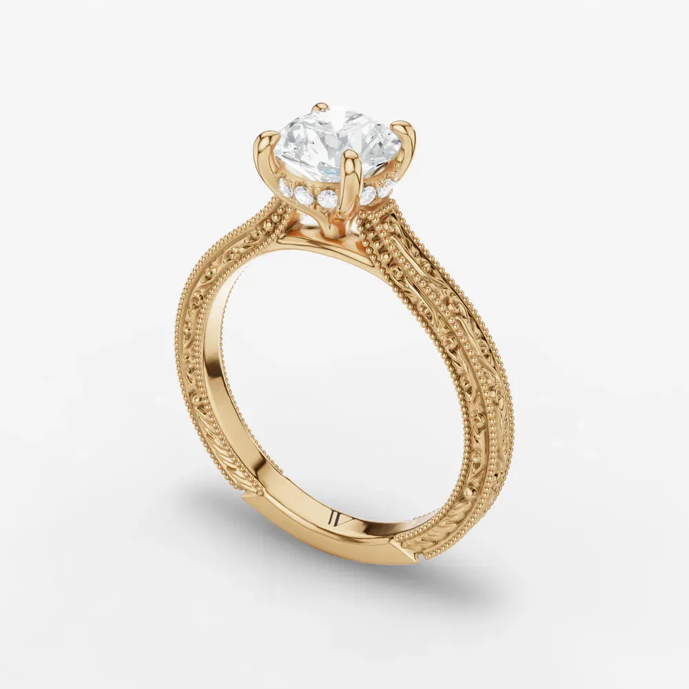 Certified 1 carat Lab Grown Diamond Round Cut Hidden Halo, Cathedral, Vintage Engagement Ring in 14K Yellow Gold-Echo