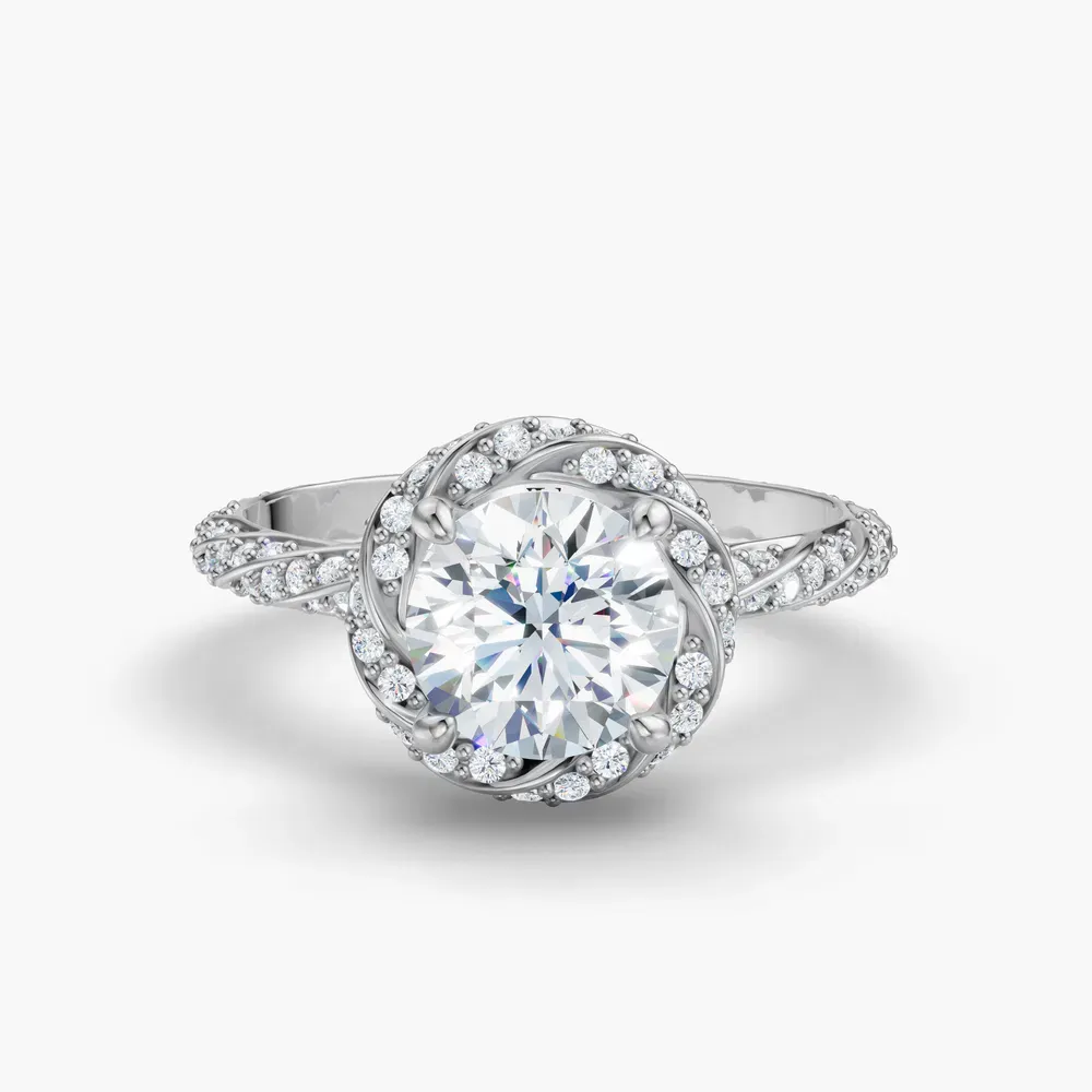 Certified 1 carat Lab Grown Diamond Round Cut Halo, Floral, Twist Engagement Ring in 14K White Gold-Moxl