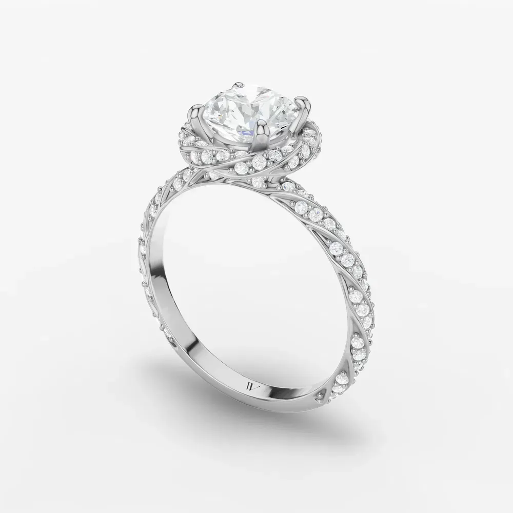 Certified 1 carat Lab Grown Diamond Round Cut Halo, Floral, Twist Engagement Ring in 14K White Gold-Moxl