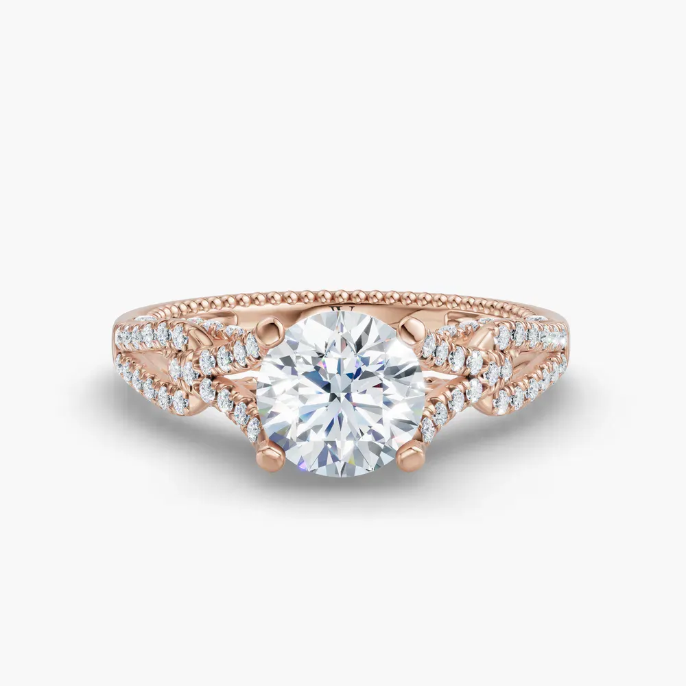 Certified 1 carat Lab Grown Diamond Round Cut Hidden Halo, Milgrain, Nature inspired Engagement Ring in 14K Rose Gold-Soxel
