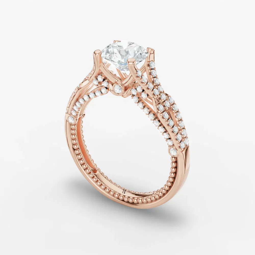 Certified 1 carat Lab Grown Diamond Round Cut Hidden Halo, Milgrain, Nature inspired Engagement Ring in 14K Rose Gold-Soxel