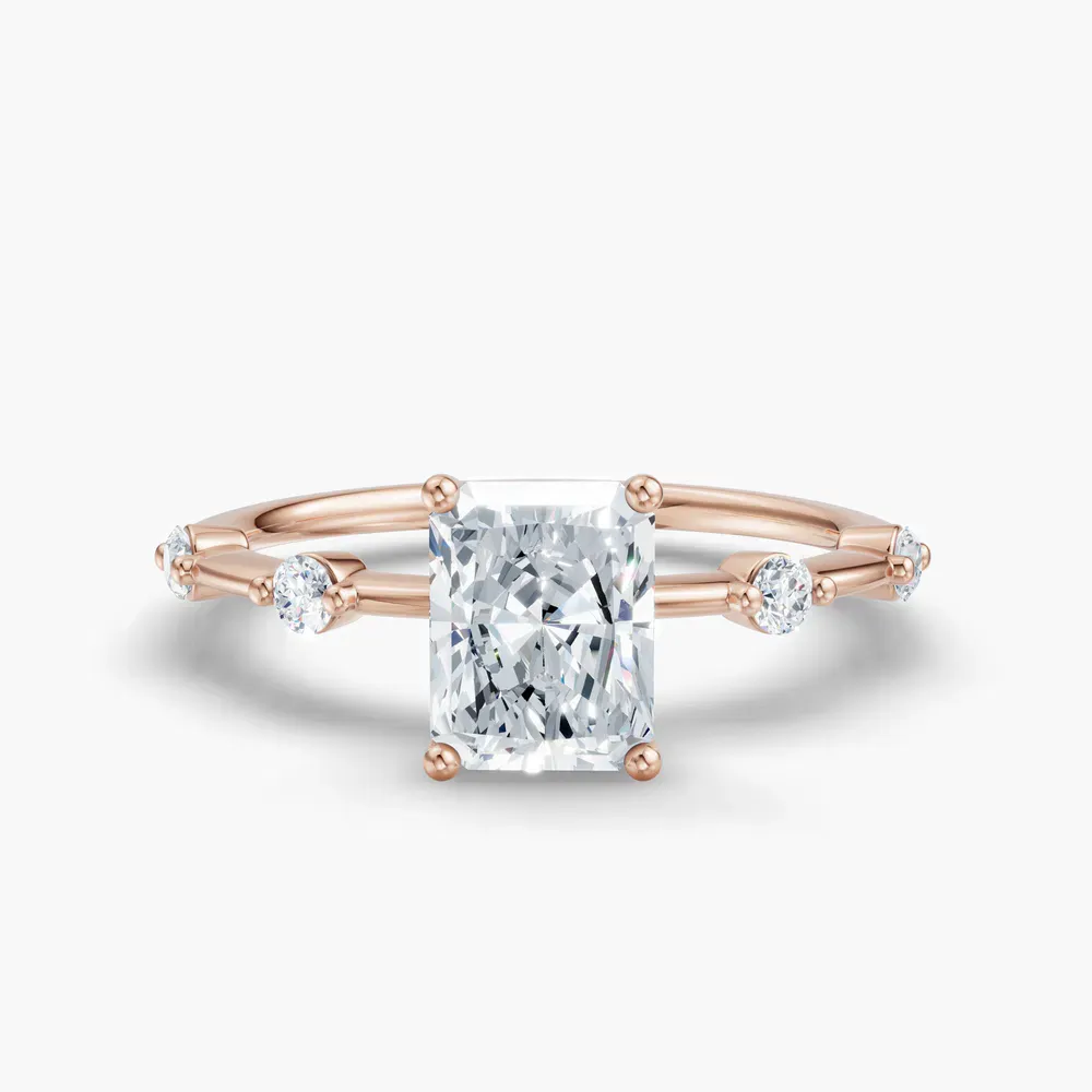 Certified 1 carat Lab Grown Diamond Radiant Cut Low profile, Side Stone Engagement Ring in 14K Rose Gold-Hriw