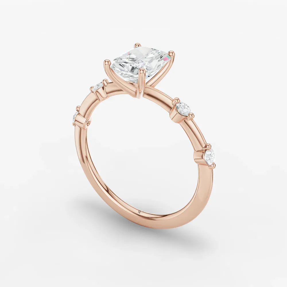 Certified 1 carat Lab Grown Diamond Radiant Cut Low profile, Side Stone Engagement Ring in 14K Rose Gold-Hriw