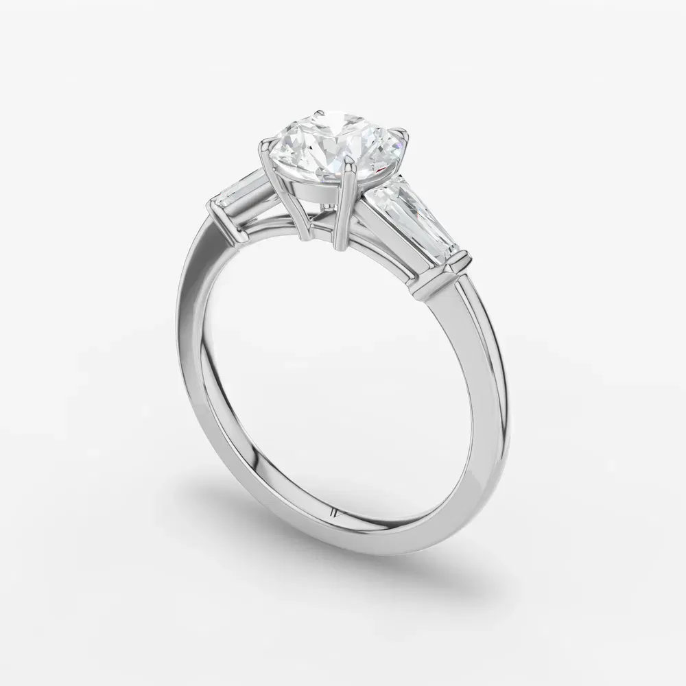 Certified 1 carat Lab Grown Diamond Round Cut Three Stone, Baguette, Cathedral Engagement Ring in 14K White Gold-Glyss