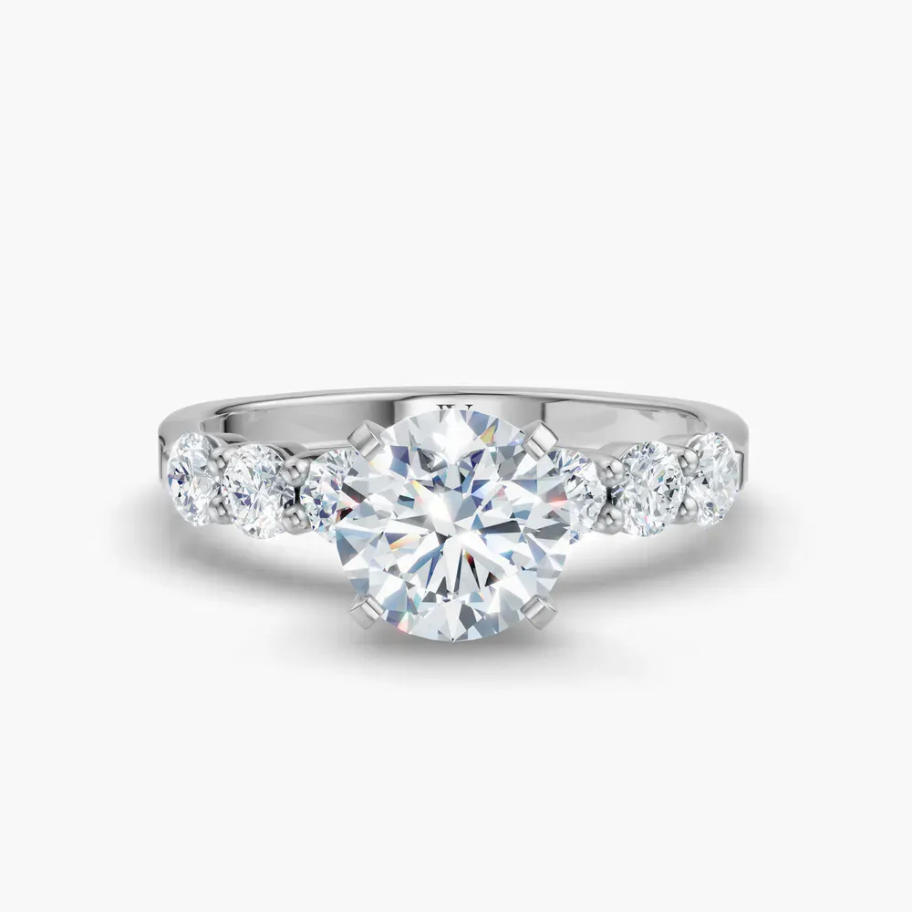 Certified 1 carat Lab Grown Diamond Round Cut Four Prong, Side Stone Engagement Ring in 14K White Gold-Nylis