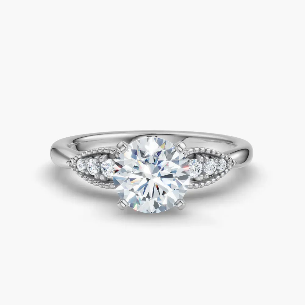 Certified 1 carat Lab Grown Diamond Round Cut Milgrain, Vintage, Four Prong Engagement Ring in 14K White Gold-Yerlin