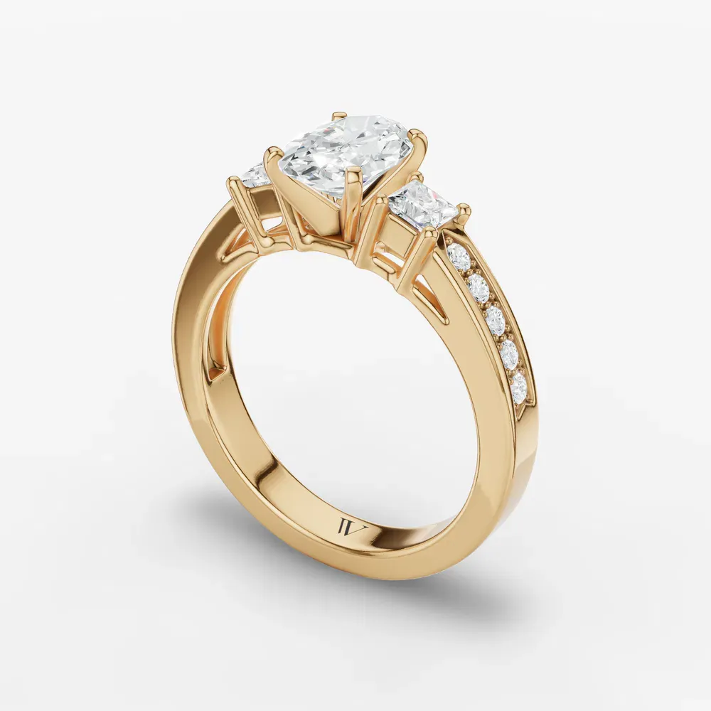Certified 1 carat Lab Grown Diamond Oval Cut Three Stone, Pavé, Channel Set Engagement Ring in 14K Yellow Gold-Velis