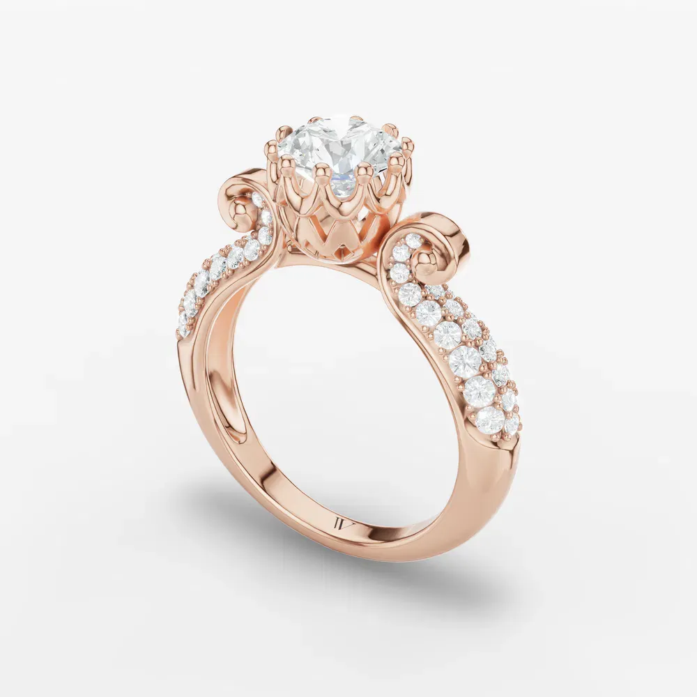 Certified 1 carat Lab Grown Diamond Round Cut Vintage, Unique, Pavé Engagement Ring in 14K Rose Gold-Mystic