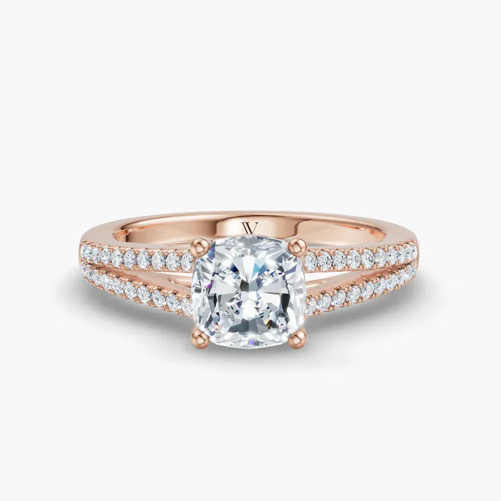 Certified 1 carat Lab Grown Diamond Cushion Cut Pavé, Cathedral, Split Shank Engagement Ring in 14K Rose Gold-Lumy