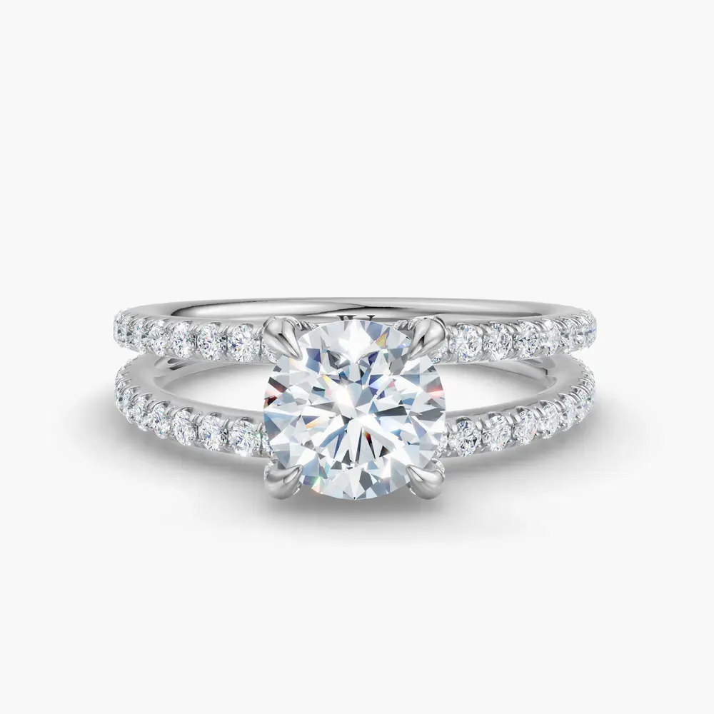 Certified 1 carat Lab Grown Diamond Round Cut Pavé, Split Shank, Hidden Halo Engagement Ring in 14K White Gold-Soren