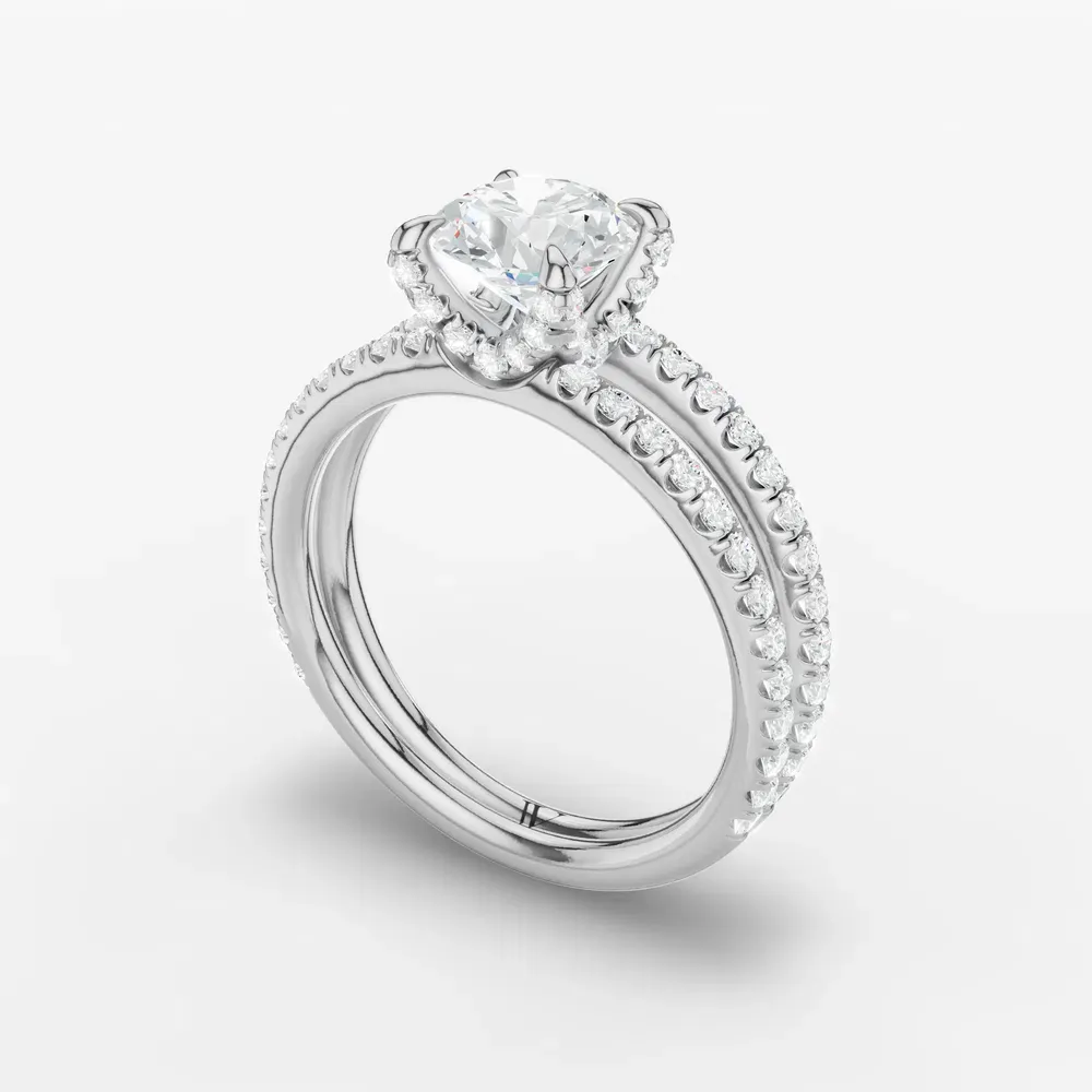 Certified 1 carat Lab Grown Diamond Round Cut Pavé, Split Shank, Hidden Halo Engagement Ring in 14K White Gold-Soren