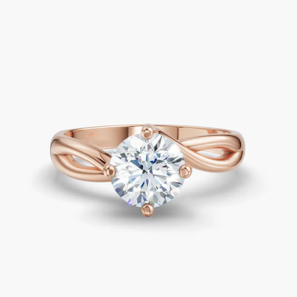 Certified 1 carat Lab Grown Diamond Round Cut Solitaire, Split Shank, Twist Engagement Ring in 14K Rose Gold-Ruby