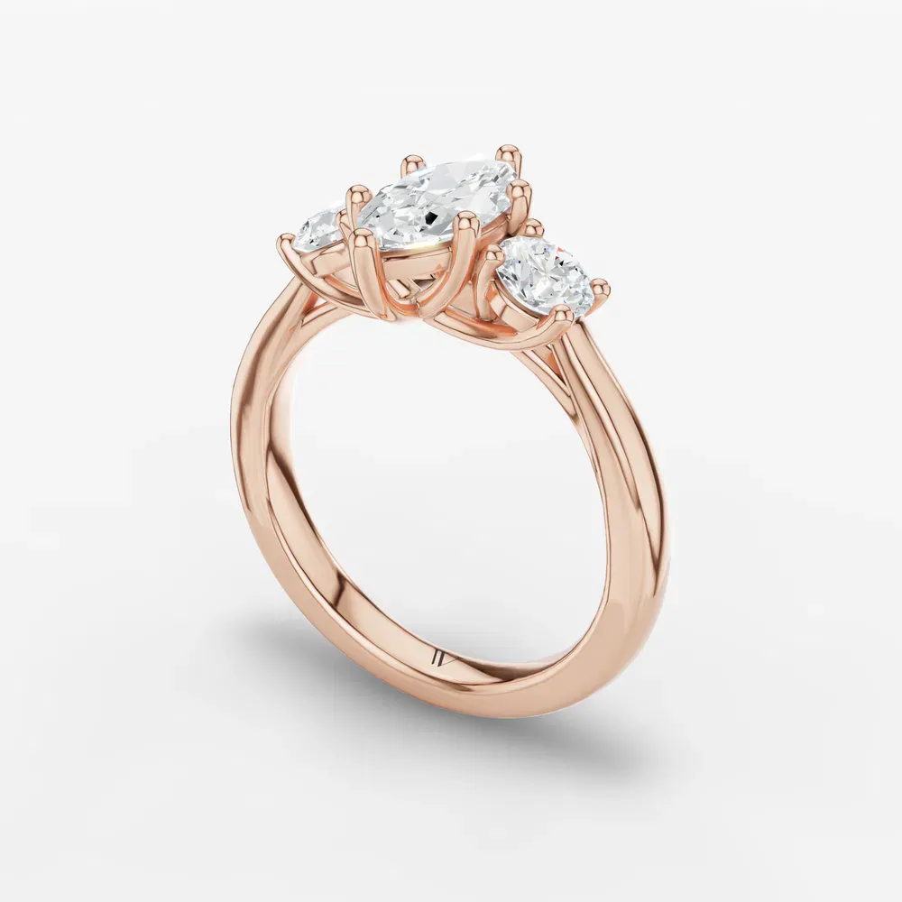 Certified 1 carat Lab Grown Diamond Marquise Cut Three Stone, Side Stone, Low profile Engagement Ring in 14K Rose Gold-Valeri