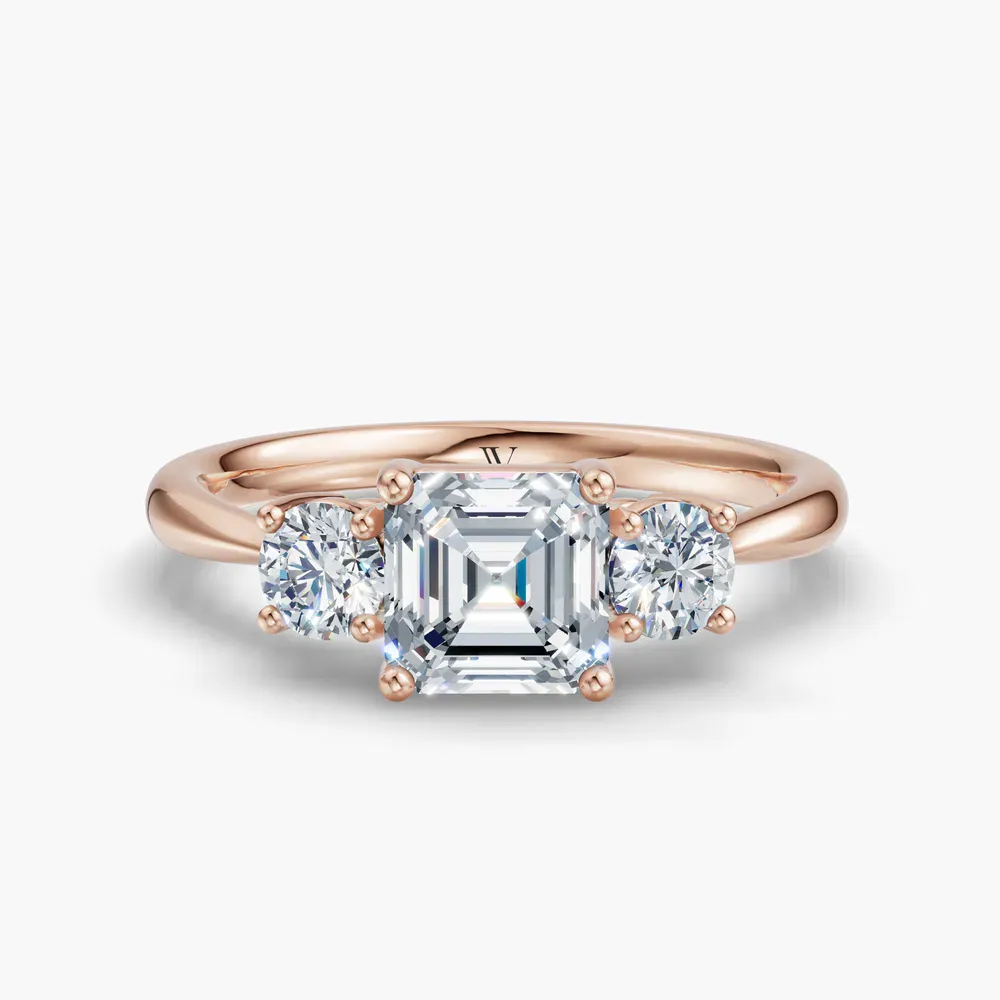 Certified 1 carat Lab Grown Diamond Asscher Cut Three Stone, Side Stone, Low profile Engagement Ring in 14K Rose Gold-Dhyra