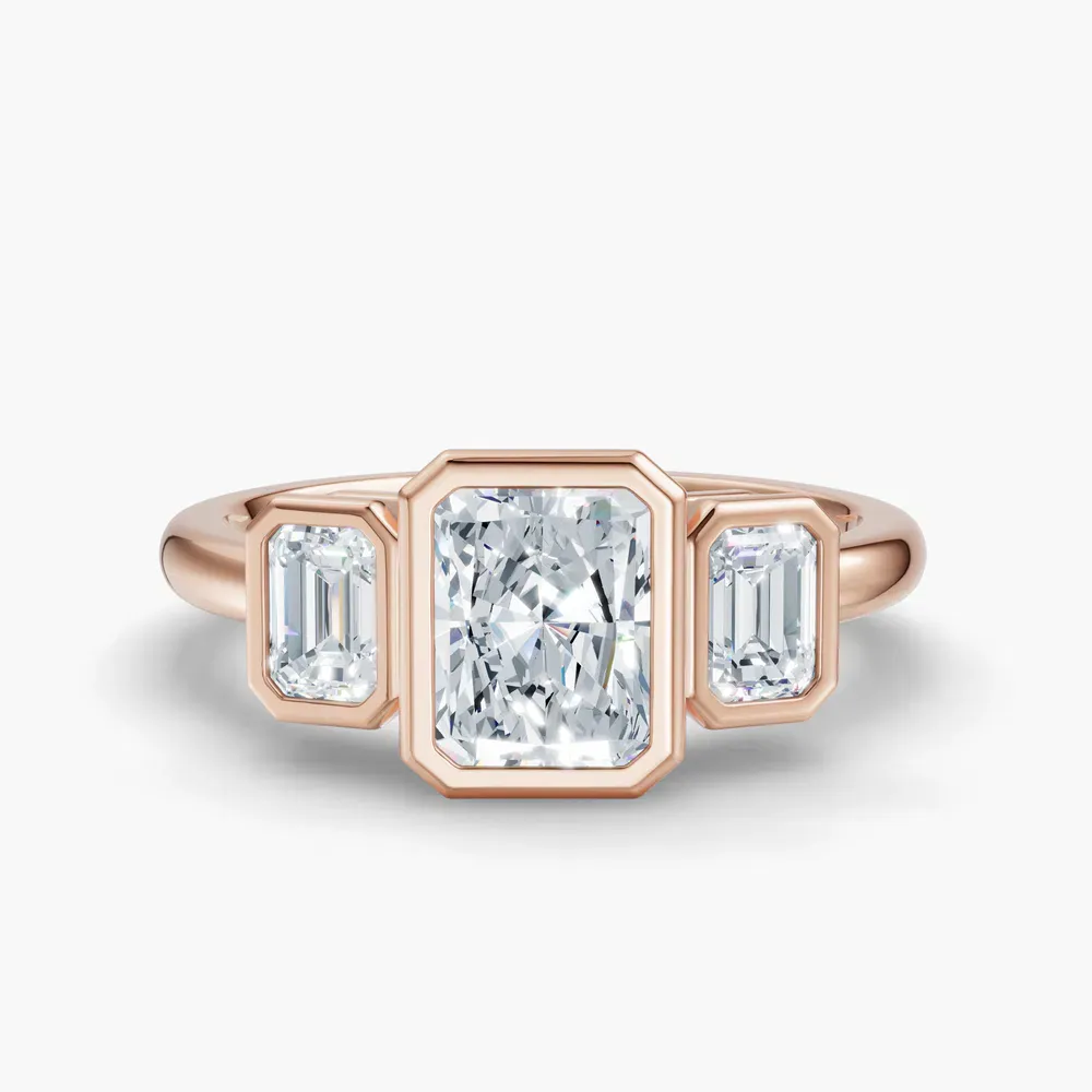 Certified 1 carat Lab Grown Diamond Radiant Cut Three Stone, Bezel, Low profile Engagement Ring in 14K Rose Gold-Elix
