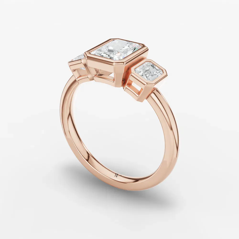 Certified 1 carat Lab Grown Diamond Radiant Cut Three Stone, Bezel, Low profile Engagement Ring in 14K Rose Gold-Elix