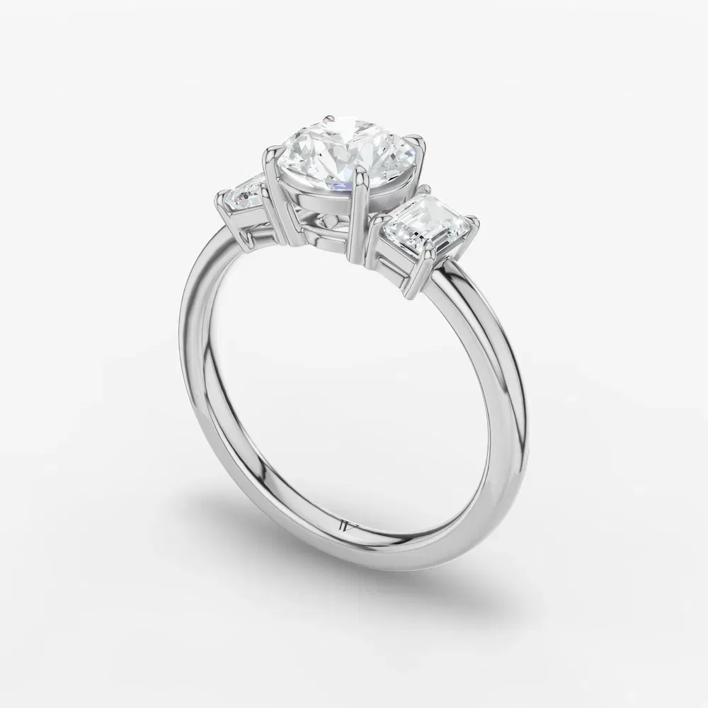 Certified 1 carat Lab Grown Diamond Round Cut Three Stone, Four Prong, Side Stone Engagement Ring in 14K White Gold-Nectarl