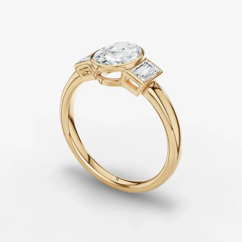 Certified 1 carat Lab Grown Diamond Oval Cut Three Stone, Bezel, Baguette Engagement Ring in 14K Yellow Gold-Kine