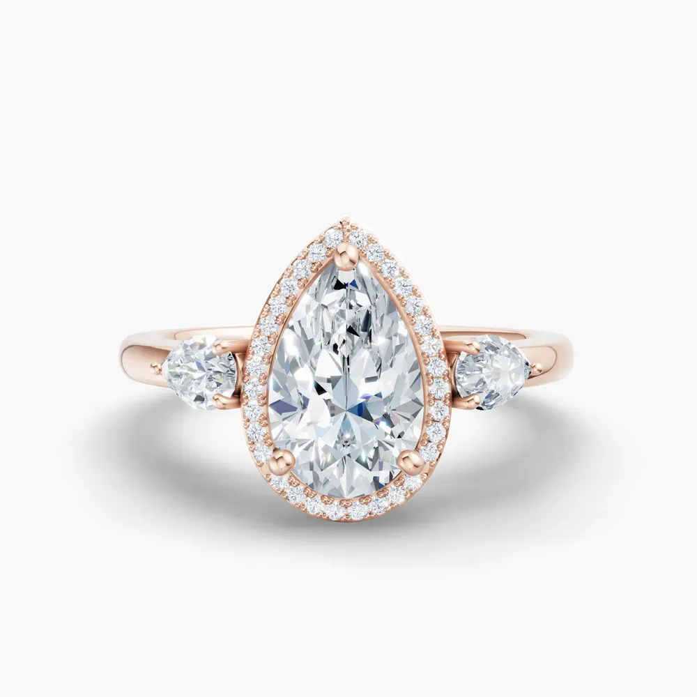Certified 1 carat Lab Grown Diamond Pear Cut Halo, Cathedral, Three Stone Engagement Ring in 14K Rose Gold-Daren