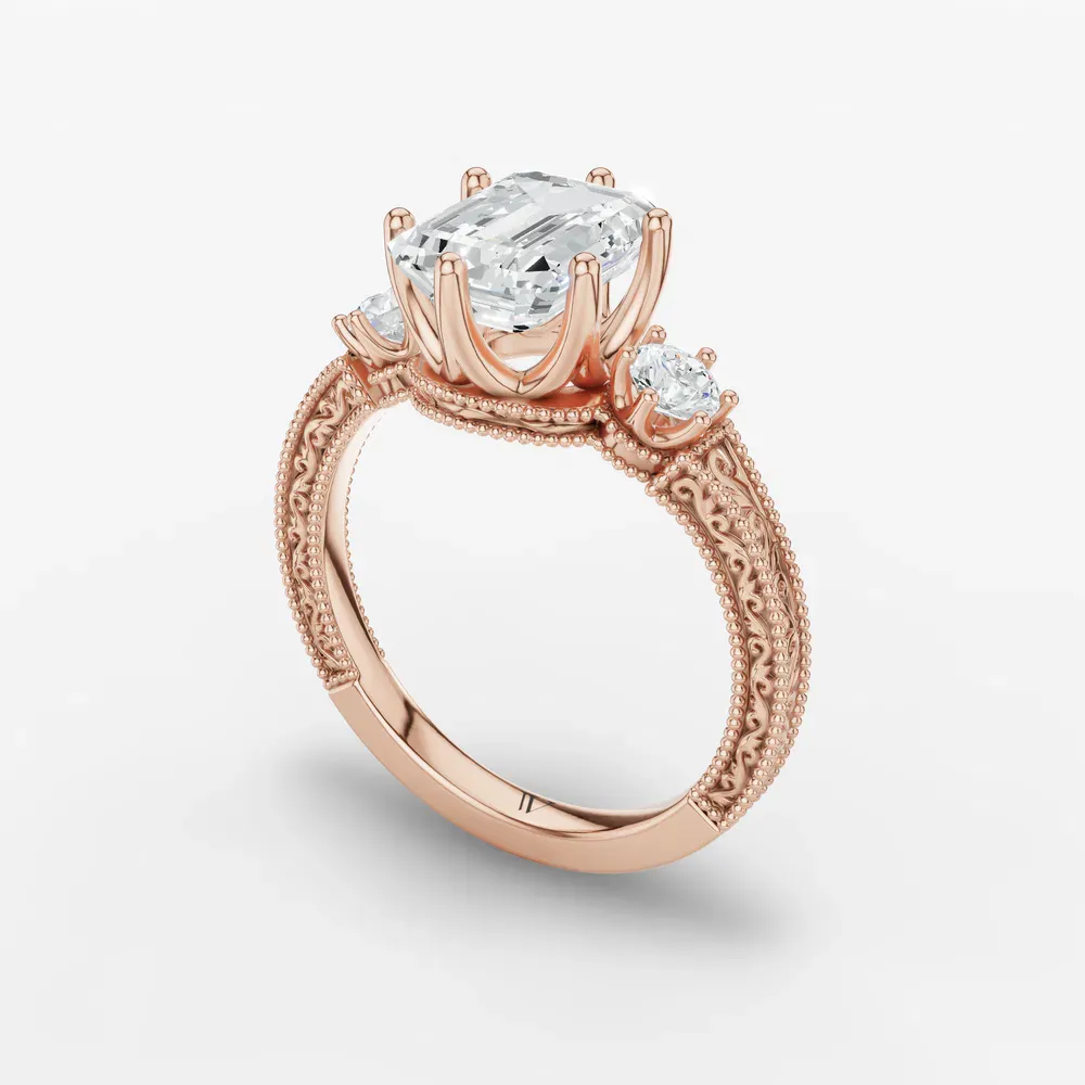 Certified 1 carat Lab Grown Diamond Emerald Cut Three Stone, Unique, Milgrain Engagement Ring in 14K Rose Gold-Zara