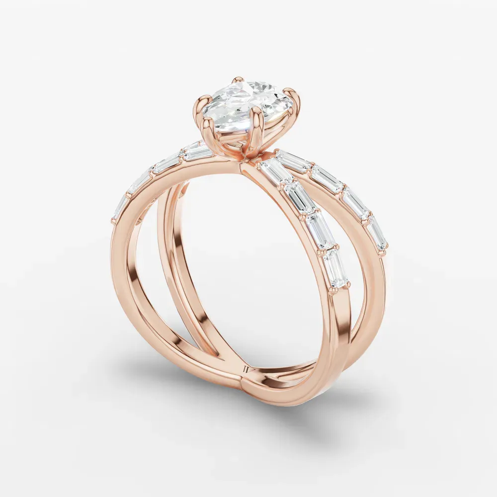 Certified 1 carat Lab Grown Diamond Pear Cut Baguette, Unique, Split Shank Engagement Ring in 14K Rose Gold-Luminara