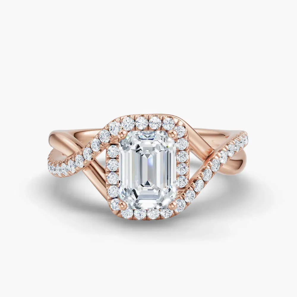 Certified 1 carat Lab Grown Diamond Emerald Cut Halo, Pavé, Twist Engagement Ring in 14K Rose Gold-Dell